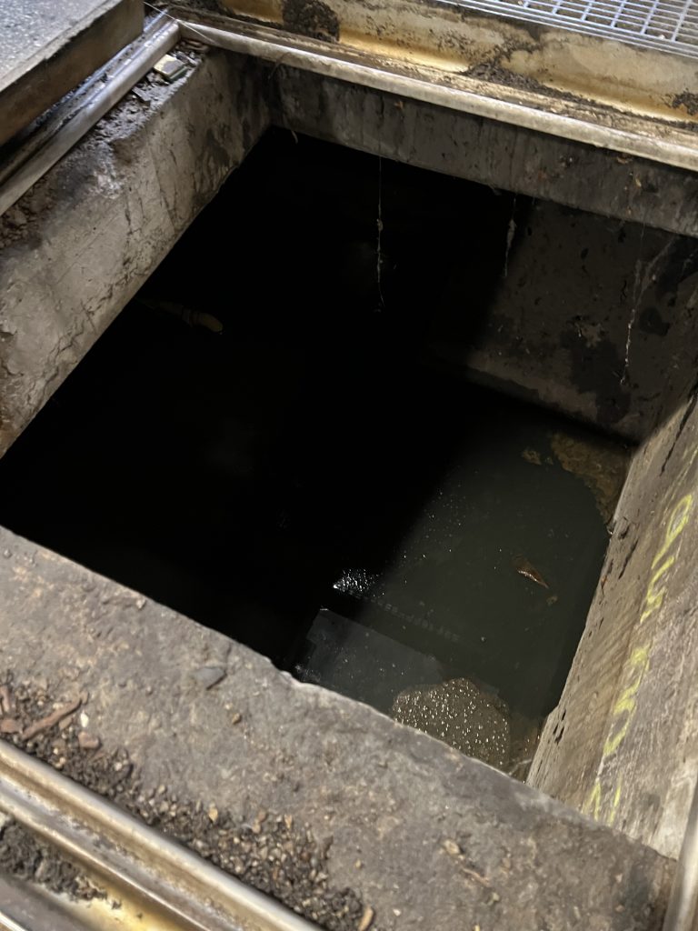 Eine verschmutzte Abwassergrube mit stehenden Wasserrückständen, fotografiert vor einer professionellen Reinigung.